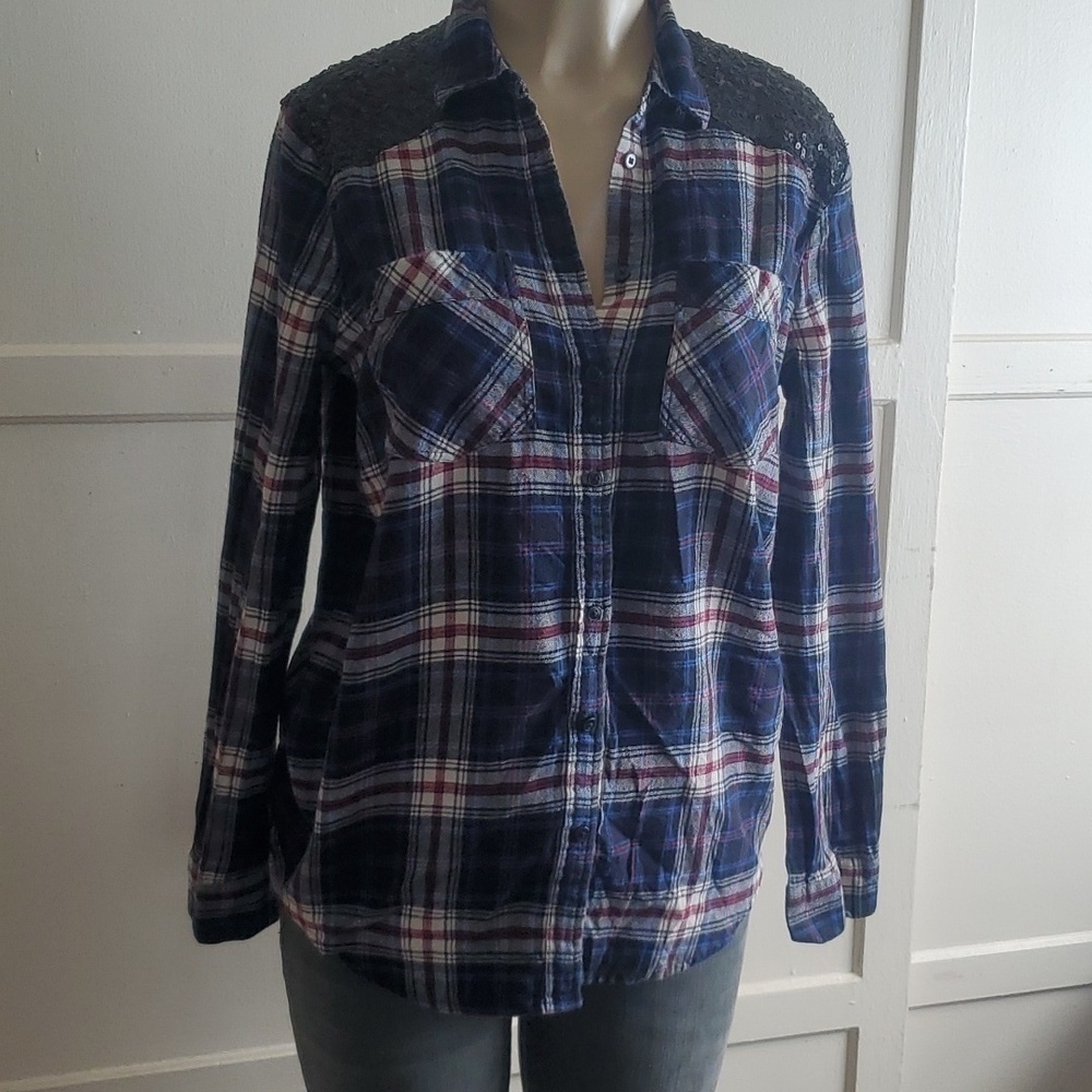 Express Boyfriend Western Flannel Plaid Sequins Button Down Shirt Women Size M